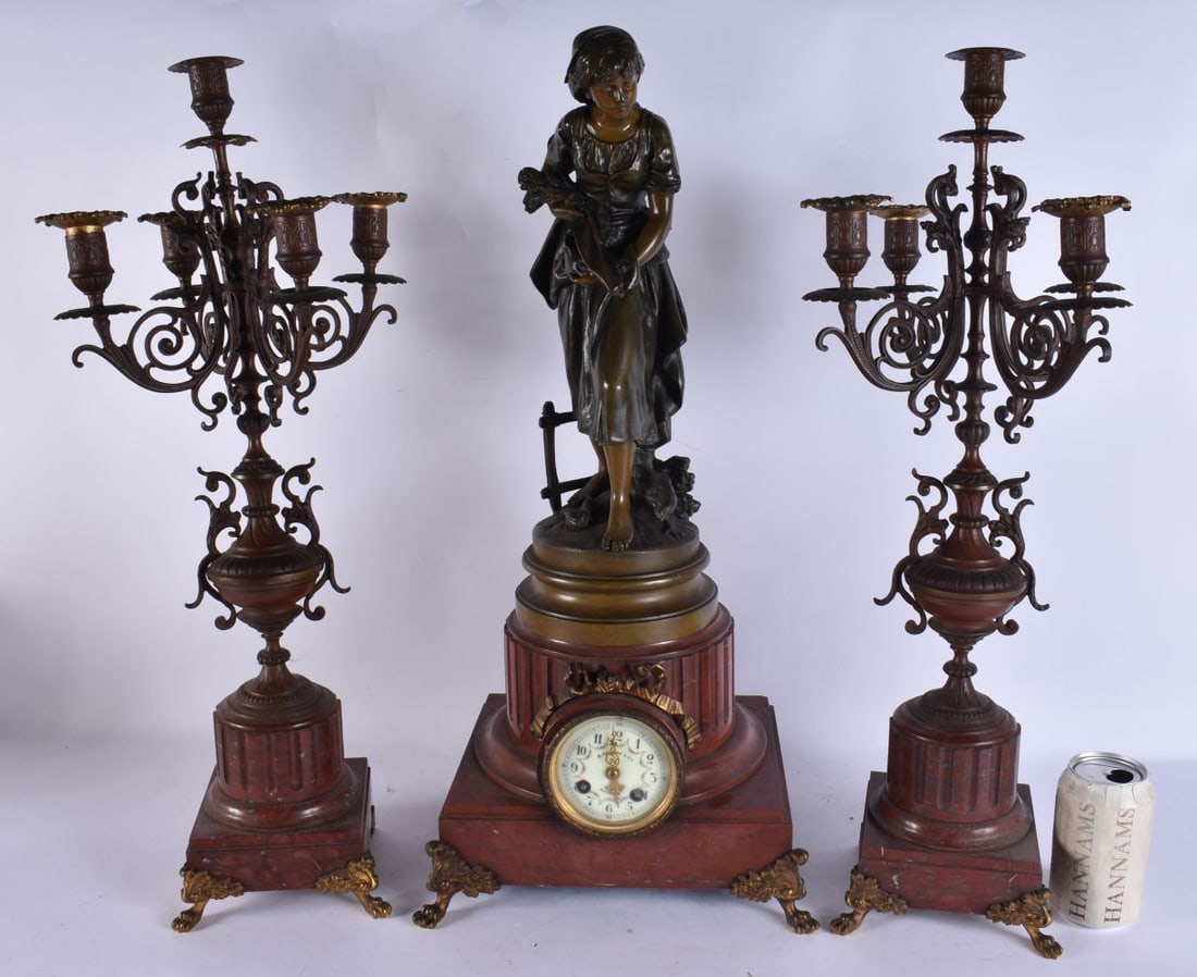 A LARGE 19TH CENTURY FRENCH BRONZE AND RED MARBLE CLOCK GARNITURE. Largest 60 cm high. (3) (1 of 6)