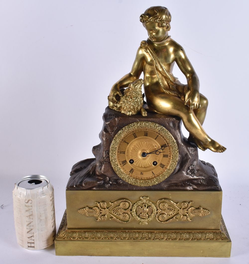 A 19TH CENTURY FRENCH GILT BRONZE FIGURAL EMPIRE MANTEL CLOCK. 39 cm x 24 cm. (1 of 7)