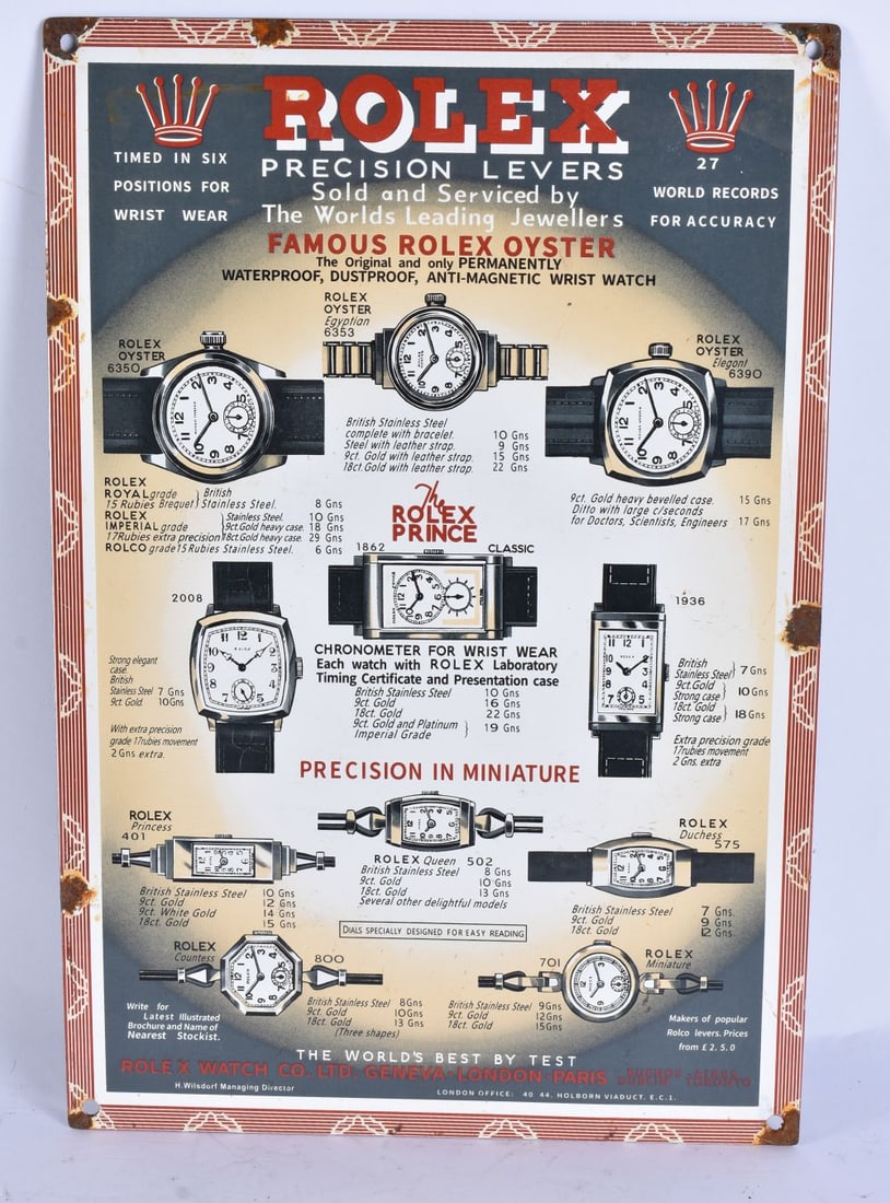 A ROLEX ENAMEL ADVERTISING WATCH SIGN. 38 cm x 24 cm. (1 of 4)