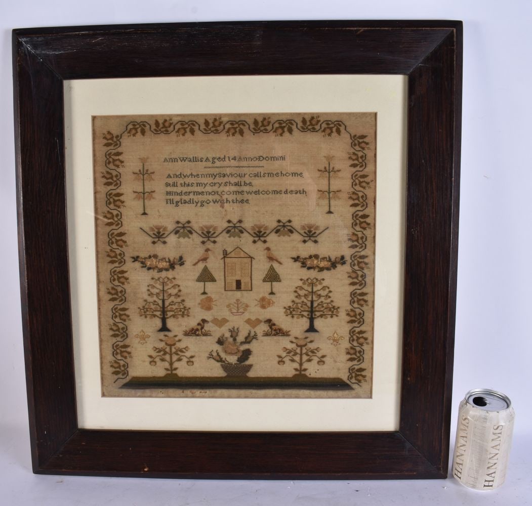 A LARGE VICTORIAN FRAMED AND EMBROIDERED SAMPLER. 55 cm x 48 cm, sampler 36 cm x 34 cm. (1 of 5)