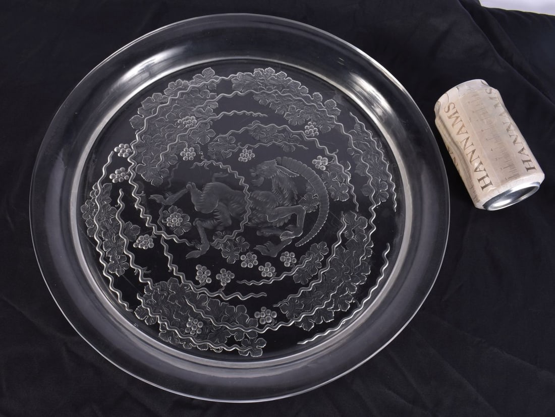 A LARGE FRENCH LALIQUE GLASS DISH. 37 cm diameter. (1 of 6)