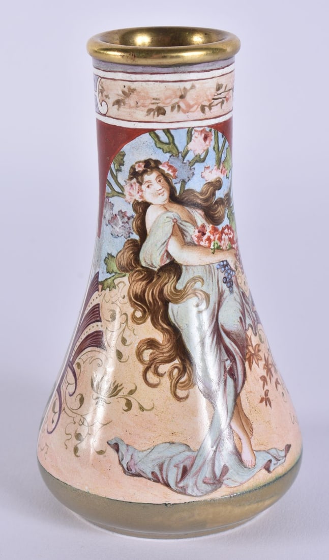 AN ART NOUVEAU ENAMEL VASE painted with a maiden. 11 cm high. (1 of 5)