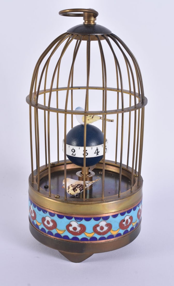 A CLOISONNE ENAMEL BIRD CAGE CLOCK. Running. 22 cm high. (1 of 5)