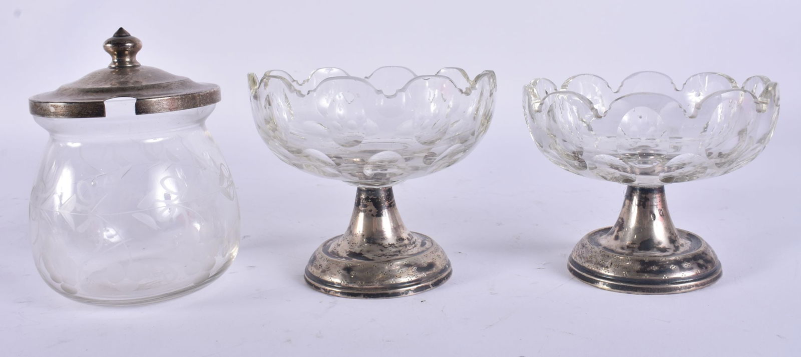 TWO SILVER FOOTED GLASS DISHES and a silver mounted preserve jar. (3) (1 of 4)