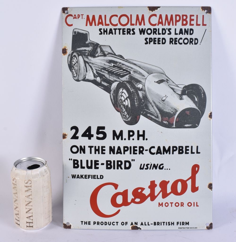 AN ENAMEL CAPTAIN MALCOLM CAMPBELL CASTROL OIL SIGN. 38 cm x 26 cm.: AN ENAMEL CAPTAIN MALCOLM CAMPBELL CASTROL OIL SIGN. 38 cm x 26 cm.