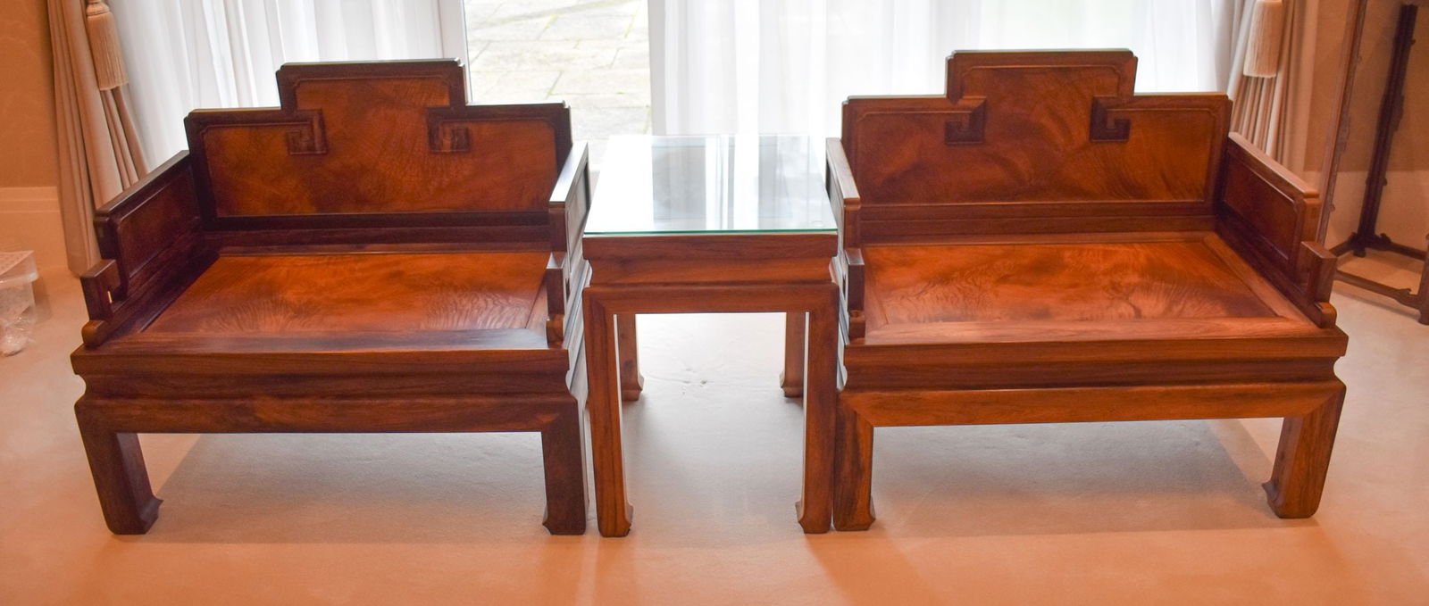 A FINE CHINESE CARVED SUITE OF HARDWOOD FURNITURE comprising of four large double seat chairs, and m (1 of 20)