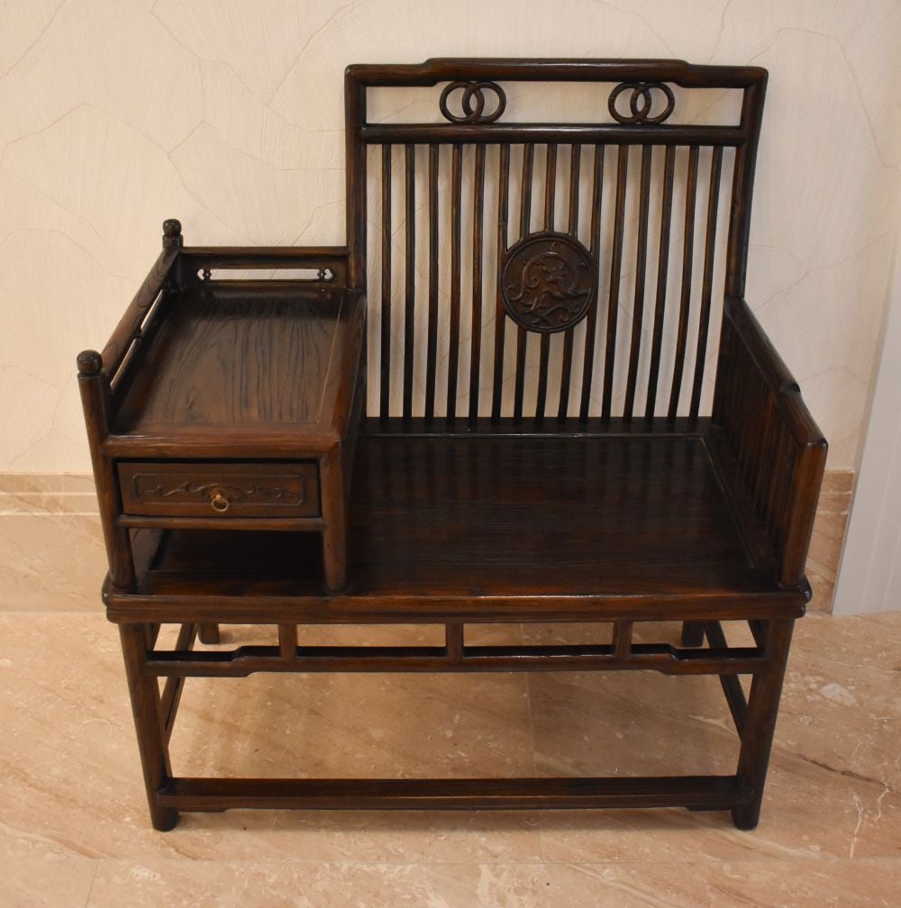 AN EARLY 20TH CENTURY CHINESE CARVED WOOD BENCH SEAT Late Qing/Republic, with pull out drawer. 88 cm (1 of 8)