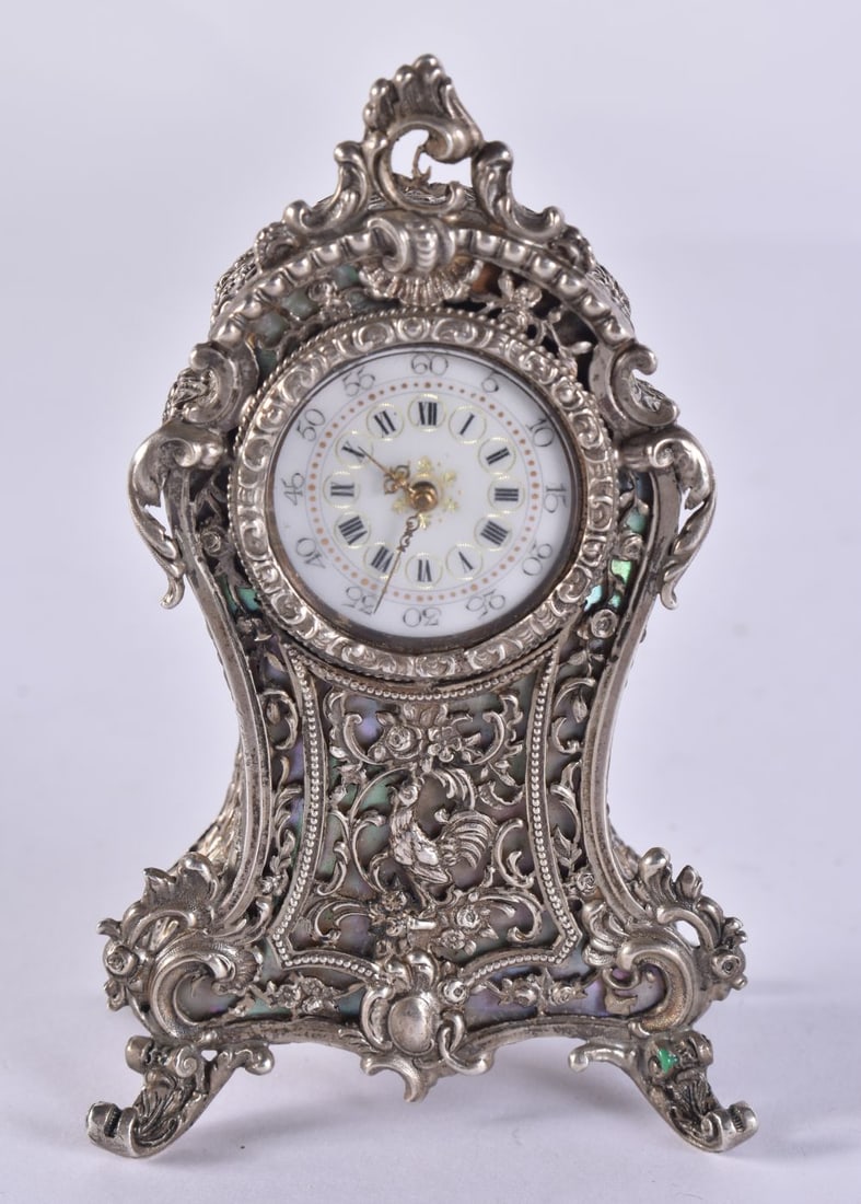A SMALL EARLY 20TH CENTURY EUROPEAN SILVER FILIGREE CLOCK with enamel dial. 105 grams. Untested. 9.7 (1 of 6)
