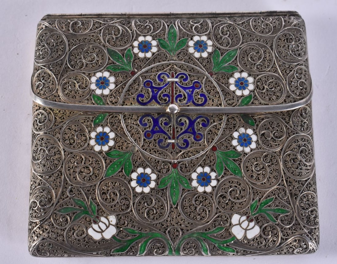 AN ANTIQUE CONTINENTAL SILVER AND ENAMEL FILIGREE PURSE possibly Russian. 63 grams. 8.5 cm square. (1 of 4)