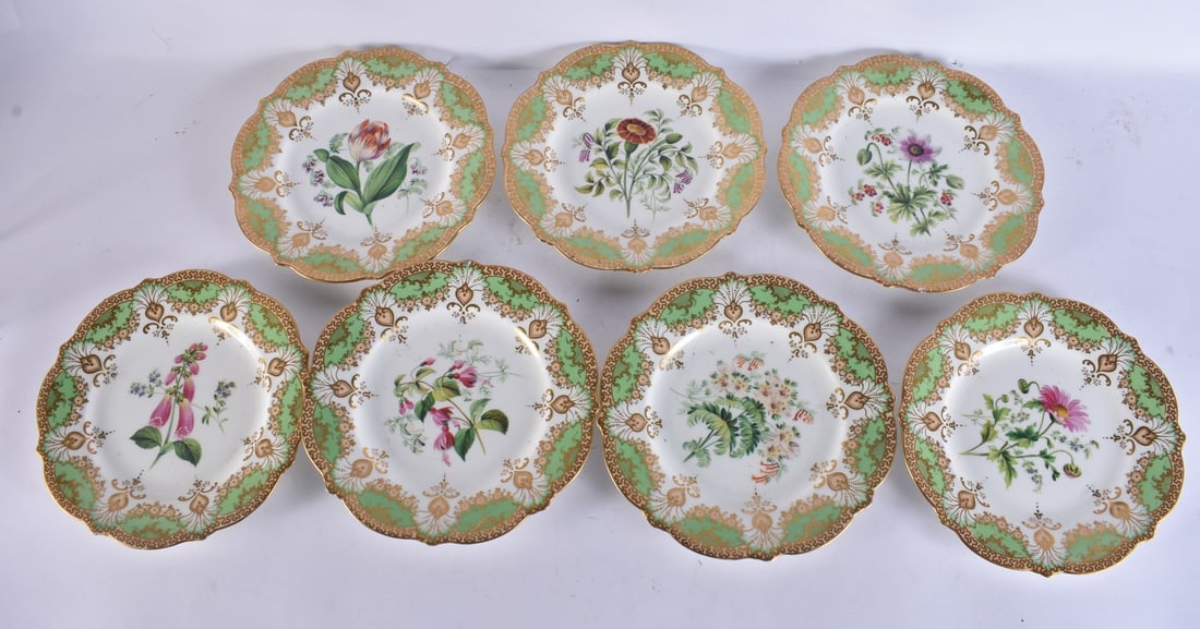 A SET OF SEVEN 19TH CENTURY ENGLISH PORCELAIN PLATES. 22 cm wide. (7) (1 of 9)