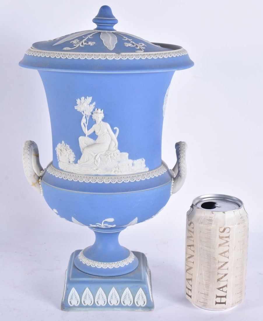 A LARGE ADAMS JASPERWARE TWIN HANDLED VASE AND COVER. 33 cm x 16 cm.: A LARGE ADAMS JASPERWARE TWIN HANDLED VASE AND COVER. 33 cm x 16 cm.