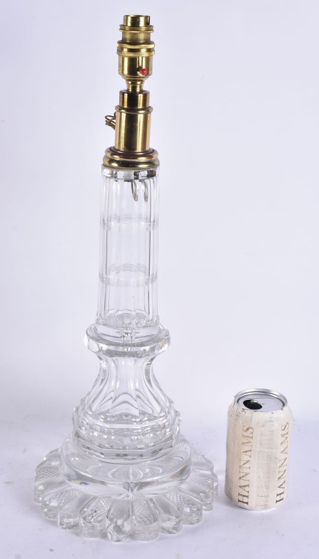 A COUNTRY HOUSE CUT GLASS LAMP. 47 cm high.: A COUNTRY HOUSE CUT GLASS LAMP. 47 cm high.