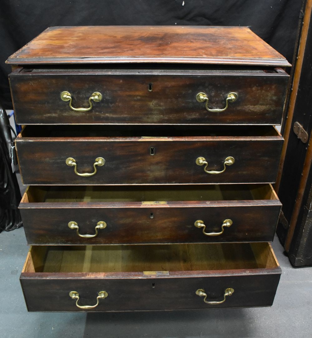 A GEORG III SECRETAIRE MAHOGANY CHEST OF DRAWERS. 81 cm x 81 cm x 50 cm. (1 of 5)