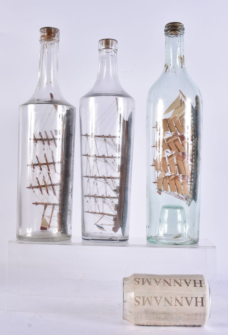 THREE MARITIME INTEREST SHIPS IN GLASS BOTTLES. Largest 34 cm high. (3) (1 of 4)