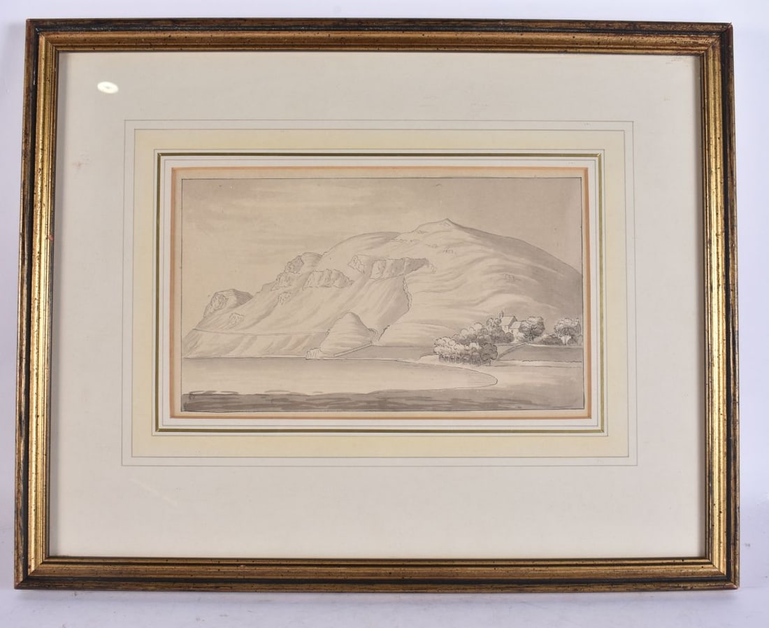 British School (Late 18th Century) Ink/Watercolour, Church by the coast. 44 cm x 34 cm, image 25cm x (1 of 3)