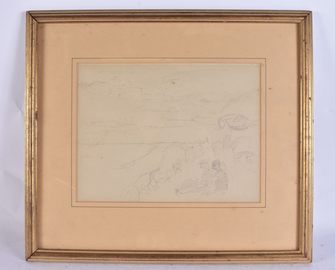 European School (19th Century) Pencil drawing, Dieppe beach scene. 42 cm x 38 cm, image 27cm x 20 cm (1 of 3)