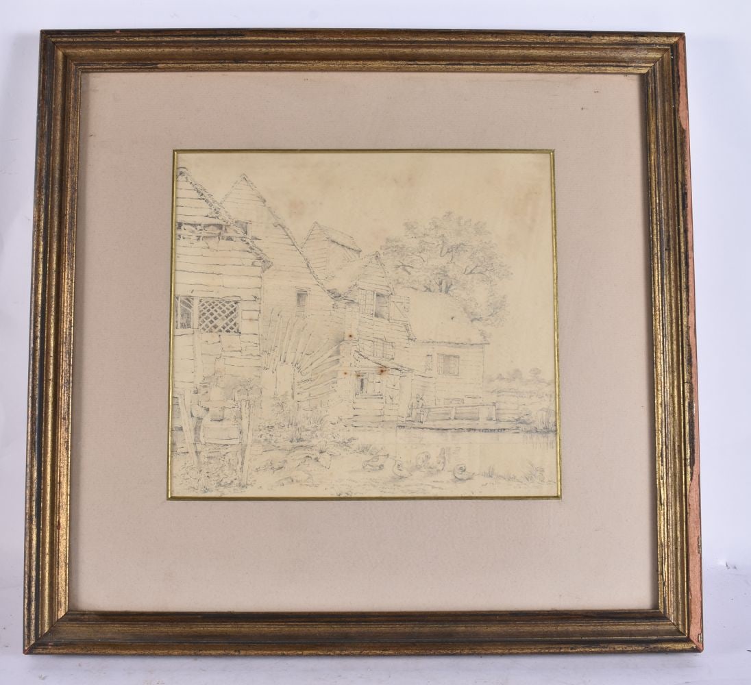 Alexander Monro (1759-1833) Pencil sketch, Watermill with ducks. 44.5 cm x 42.5 cm, image 26 cm x 24: Alexander Monro (1759-1833) Pencil sketch, Watermill with ducks. 44.5 cm x 42.5 cm, image 26 cm x 24 cm.