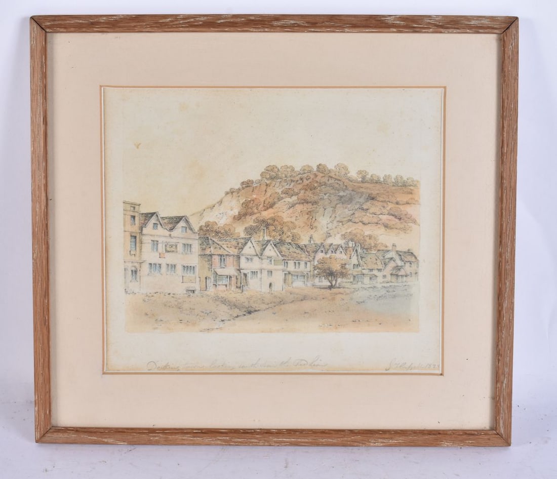 John Hassell (1767-1825) Watercolour, Buildings by the coastline. 32 cm x 30 cm, image 23 cm x 20 cm (1 of 3)