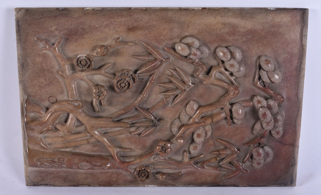 A LOVELY CHINESE QING DYNASTY CARVED STONE SCHOLARS PANEL decorated with raised trees and calligraph: A LOVELY CHINESE QING DYNASTY CARVED STONE SCHOLARS PANEL decorated with raised trees and calligraphy. 22 cm x 14cm.