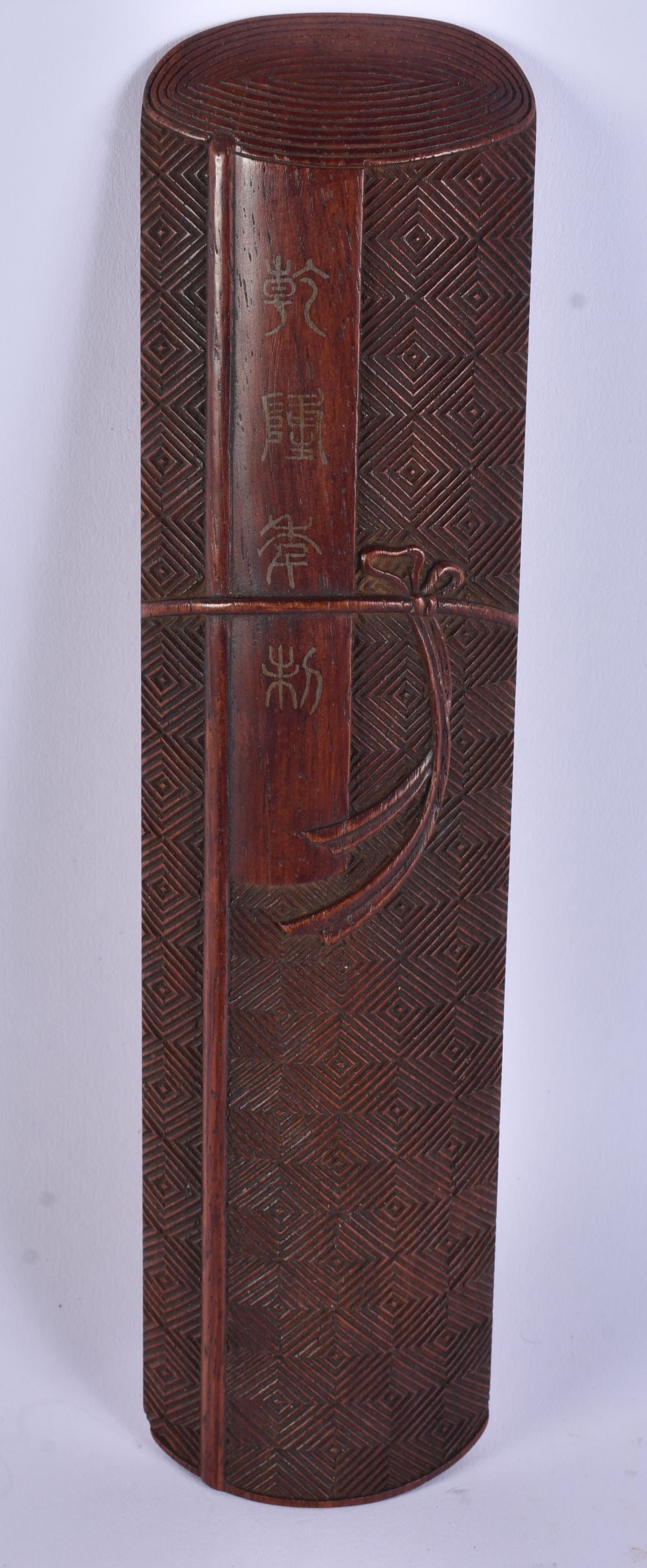 A FINE CHINESE QING DYNASTY CARVED HARDWOOD SCHOLARS WRIST REST. 23.5 cm x 6 cm. (1 of 7)