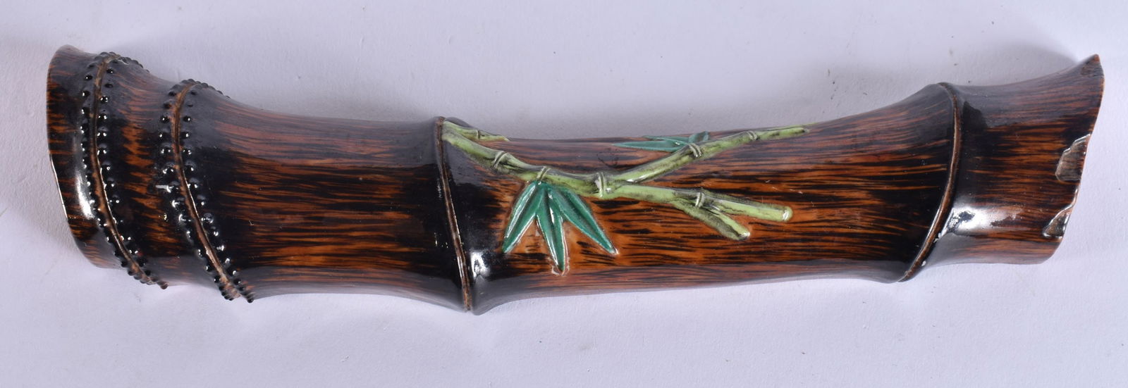 AN UNUSUAL CHINESE IMITATION BAMBOO PORCELAIN WRIST REST. 19 cm wide.: AN UNUSUAL CHINESE IMITATION BAMBOO PORCELAIN WRIST REST. 19 cm wide.