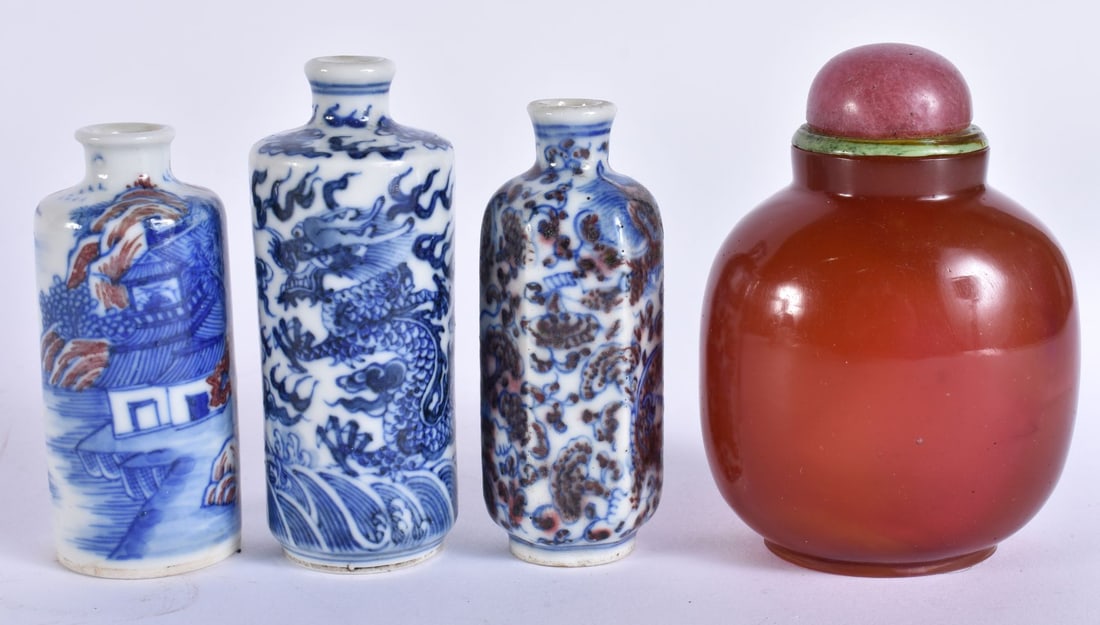 FOUR CHINESE SNUFF BOTTLES. Largest 8 cm x 6 cm. (4) (1 of 4)