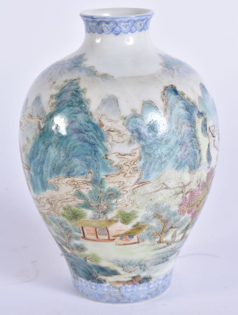 A CHINESE REPUBLICAN PERIOD EGGSHELL PORCELAIN VASE painted with landscapes. 11 cm high. (1 of 5)