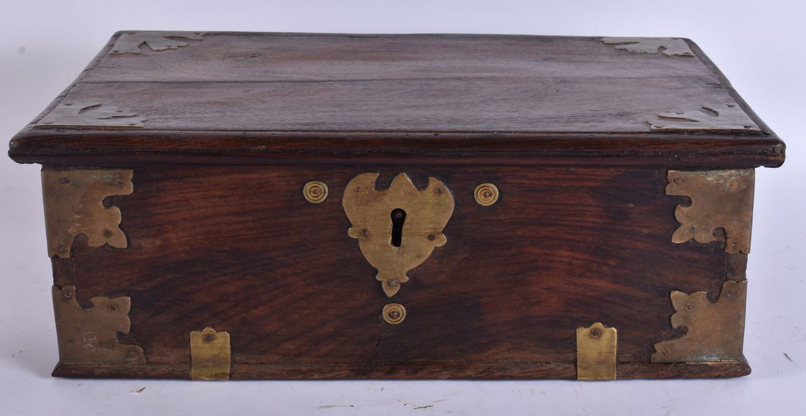 A CHINESE CARVED WOOD METAL BOUND CASKET. 40 cm x 26 cm x 15 cm. (1 of 5)