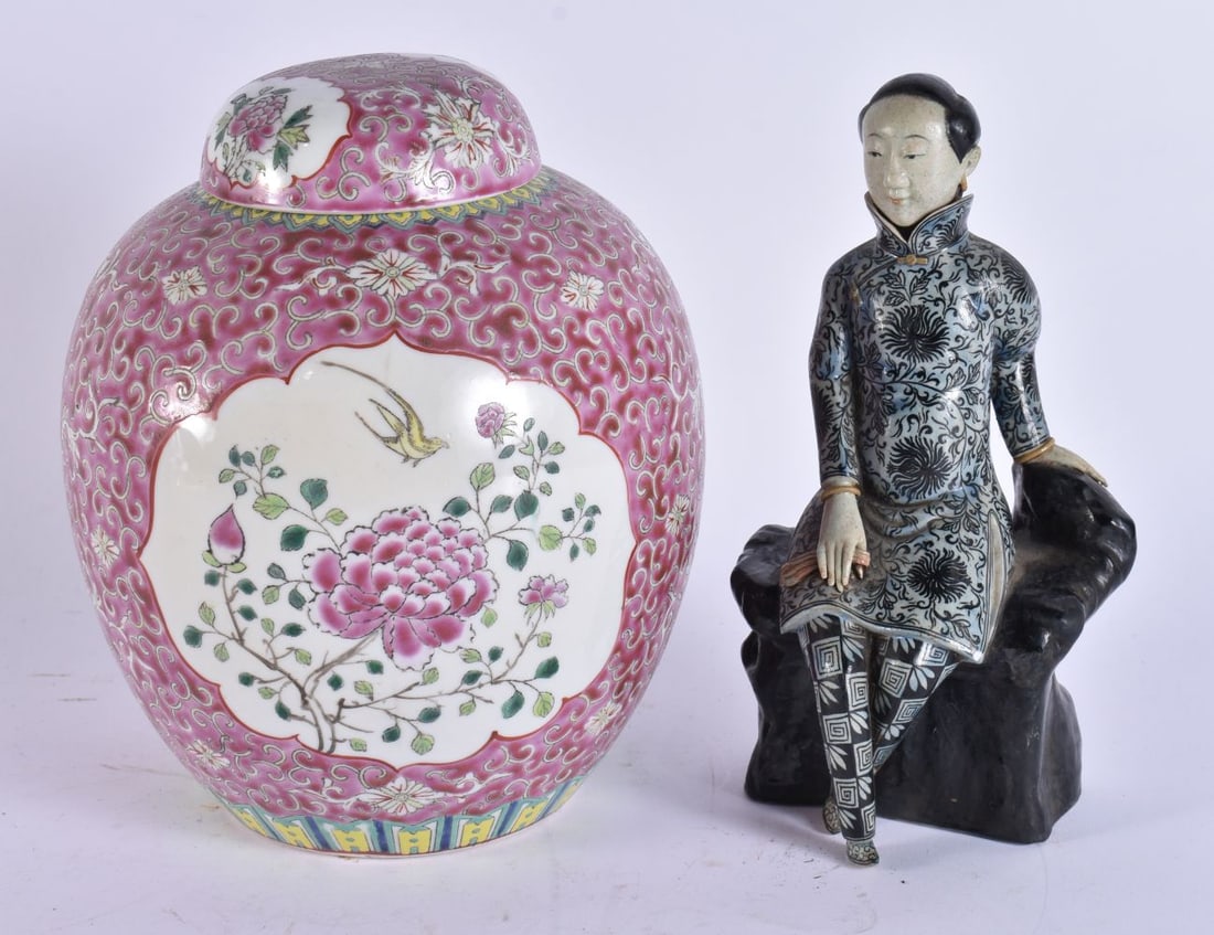 A CHINESE REPUBLICAN PERIOD PORCELAIN GINGER JAR AND COVER together with a biscuit porcelain figure (1 of 4)
