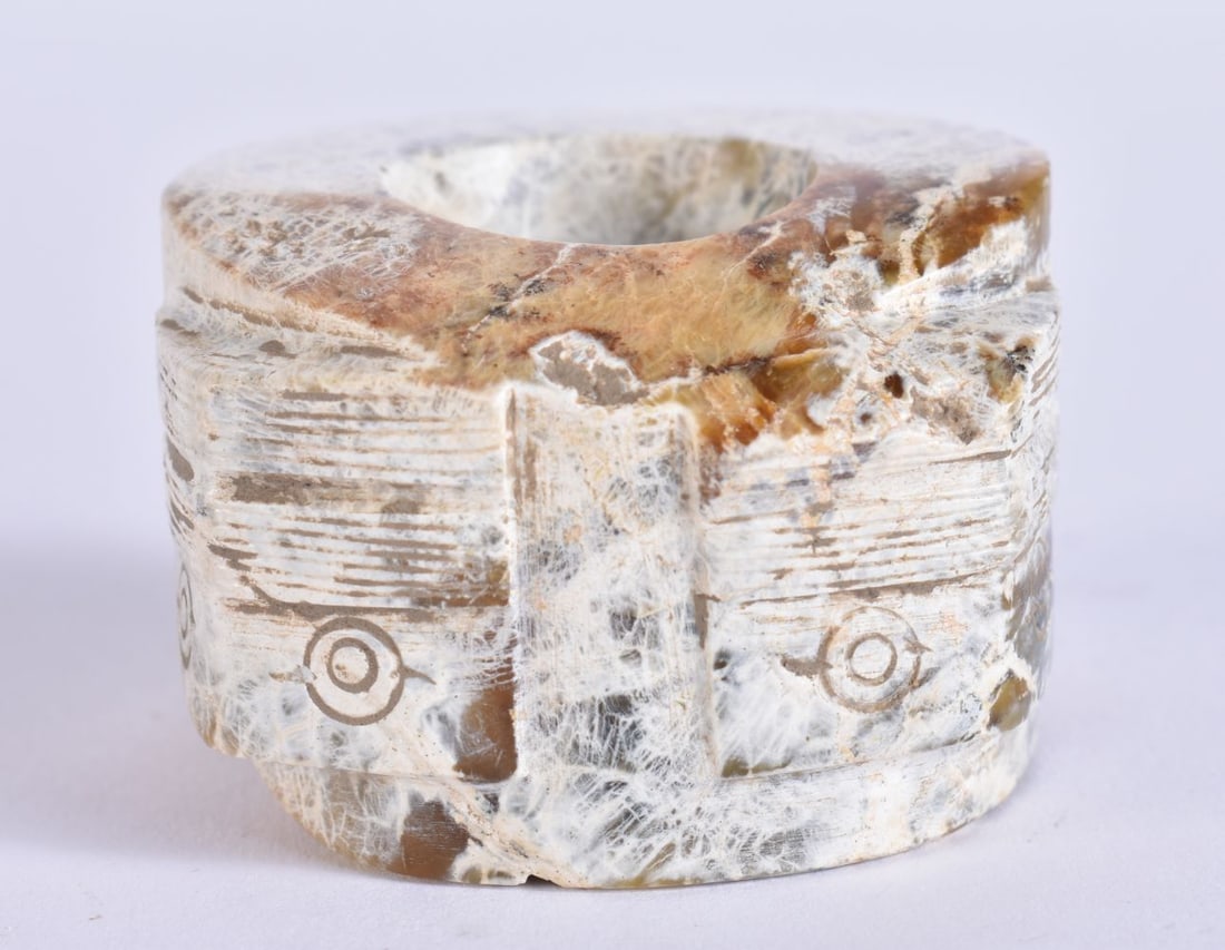 A CHINESE QING DYNASTY RUSSET JADE ARCHAIC TOGGLE. 4 cm wide. (1 of 5)