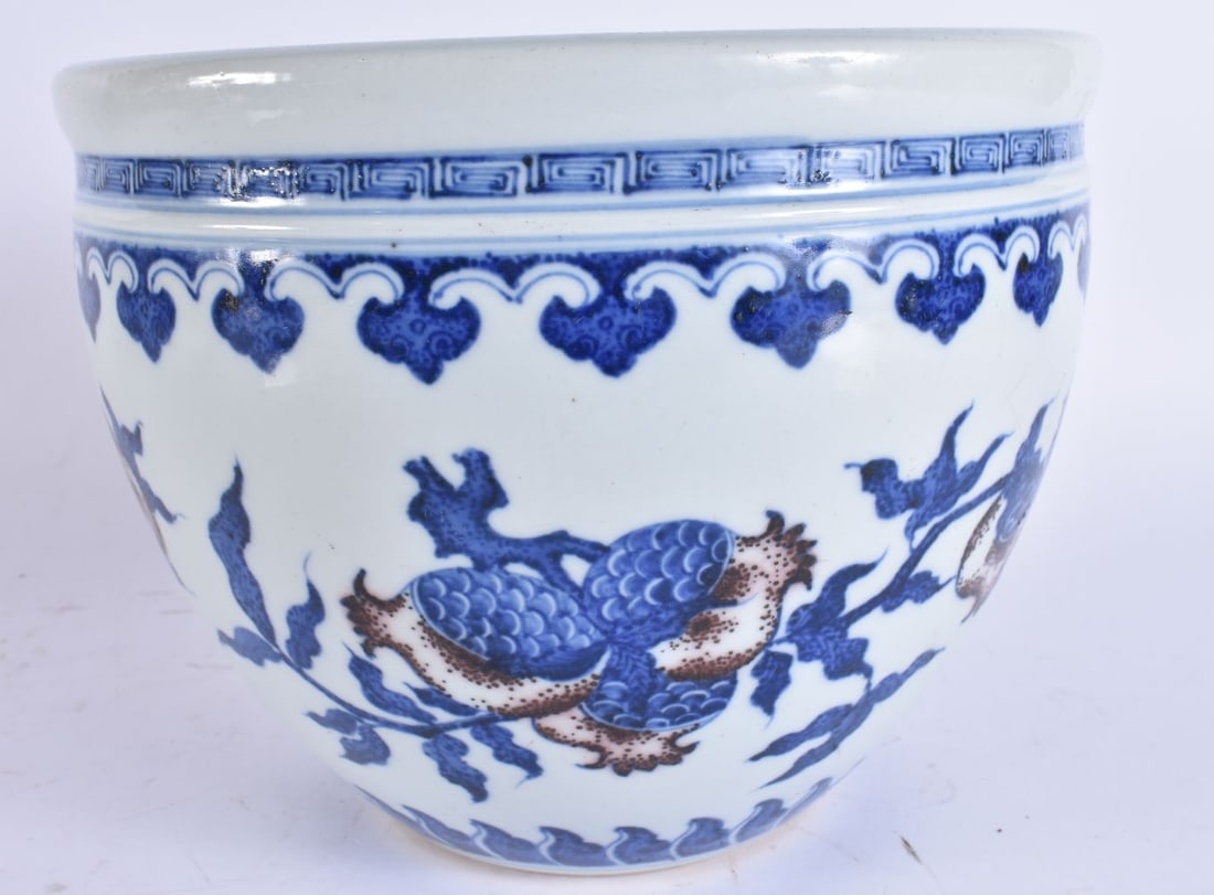 A CHINESE BLUE AND WHITE IRON RED PORCELAIN JARDINIERE painted with fruiting pods. 23 cm x 18 cm.: A CHINESE BLUE AND WHITE IRON RED PORCELAIN JARDINIERE painted with fruiting pods. 23 cm x 18 cm.