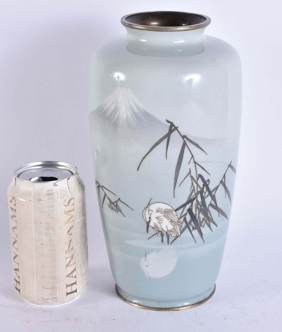 A LOVELY LATE 19TH CENTURY JAPANESE MEIJI PERIOD CLOISONNE ENAMEL VASE Attributed to the workshop of: A LOVELY LATE 19TH CENTURY JAPANESE MEIJI PERIOD CLOISONNE ENAMEL VASE Attributed to the workshop of Namikawa Sosuke (1847-1910) decorated with an egret in the shallows. 24.5 cm high.