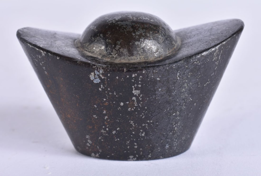 A CHINESE QING DYNASTY SCHOLARS SCROLL WEIGHT INGOT possibly silver. 261 grams. 7 cm x 4.5 cm. (1 of 5)
