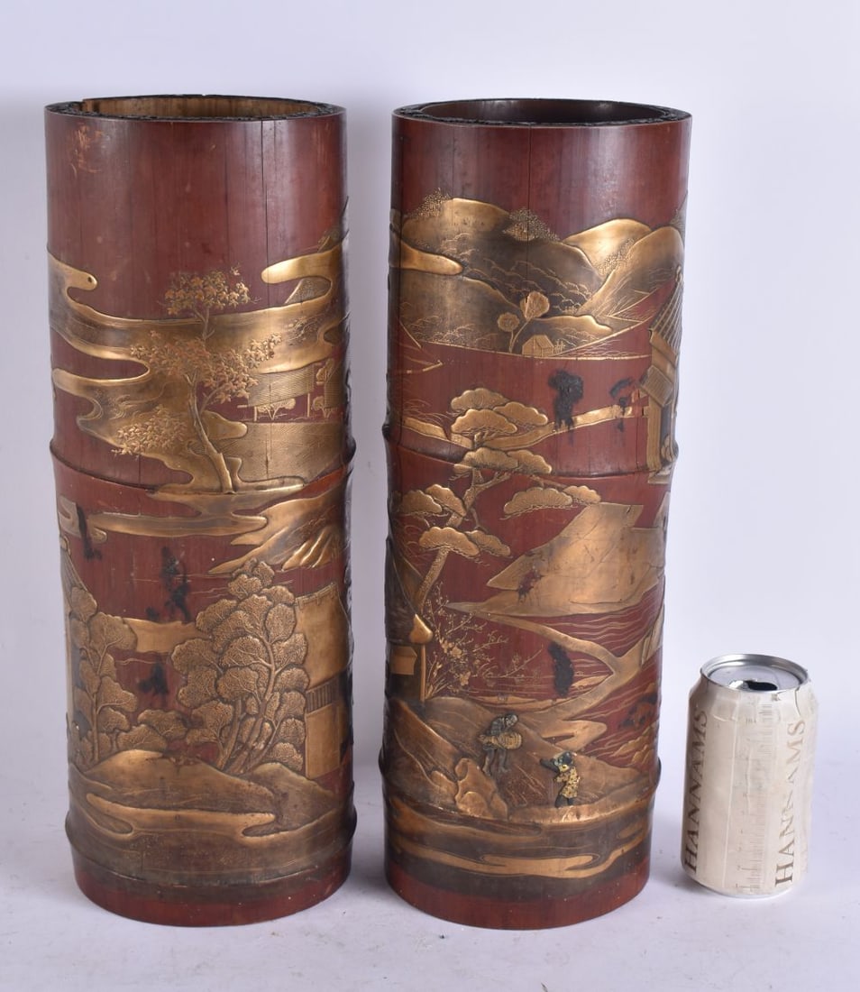 A LARGE PAIR OF 19TH CENTURY JAPANESE MEIJI PERIOD GOLD LACQUERED BAMBOO VASES. 39 cm high.: A LARGE PAIR OF 19TH CENTURY JAPANESE MEIJI PERIOD GOLD LACQUERED BAMBOO VASES. 39 cm high.