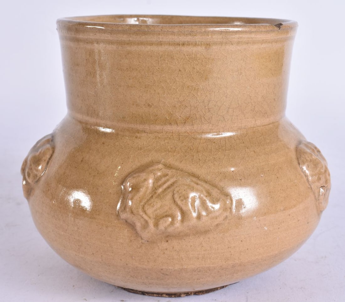A CHINESE YELLOW GLAZED POTTERY VESSEL. 13 cm x 10 cm. (1 of 5)