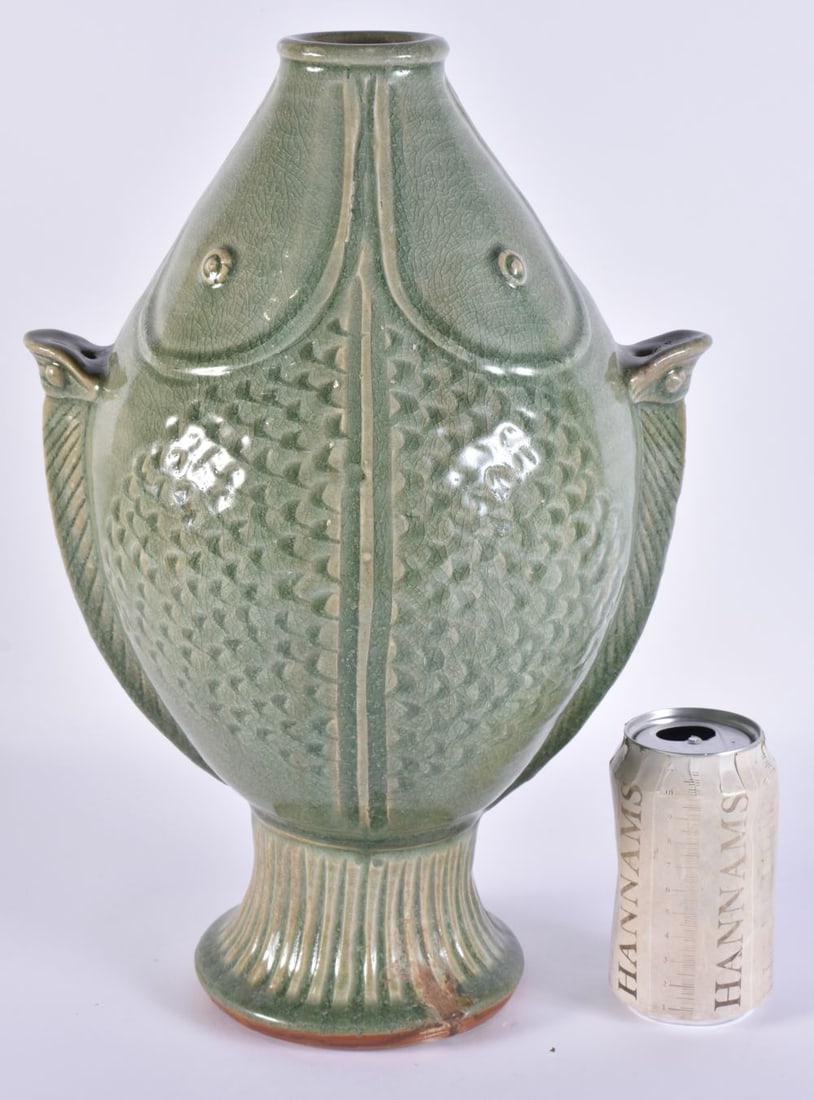 A LARGE CHINESE CELADON DOUBLE FISH VASE. 38 cm x 18 cm. (1 of 6)