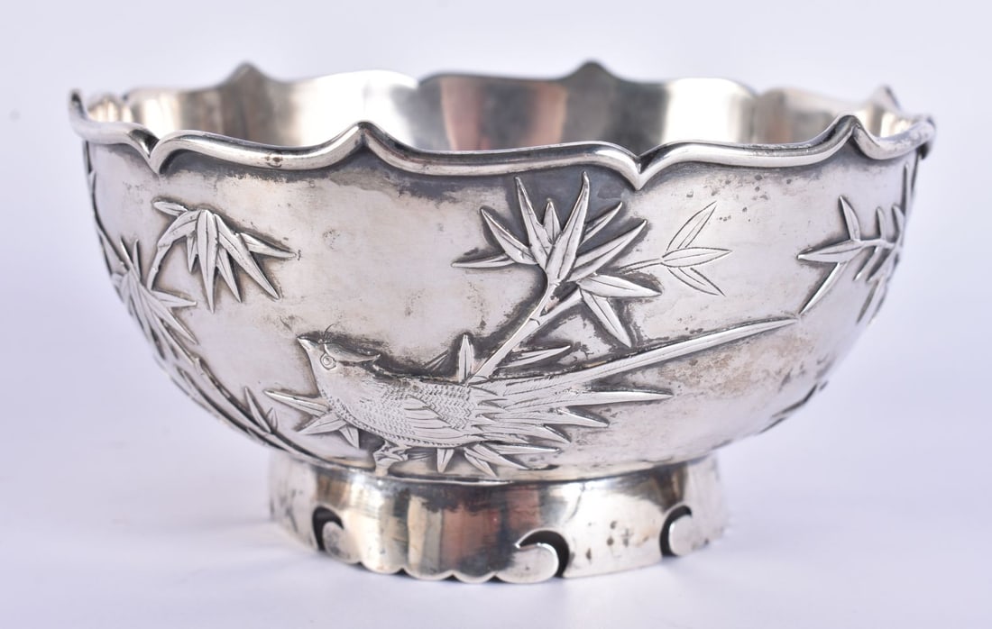 A LATE 19TH CENTURY CHINESE EXPORT SILVER BAMBOO BIRD BOWL by Singfat. 175 grams. 11 cm wide. (1 of 7)
