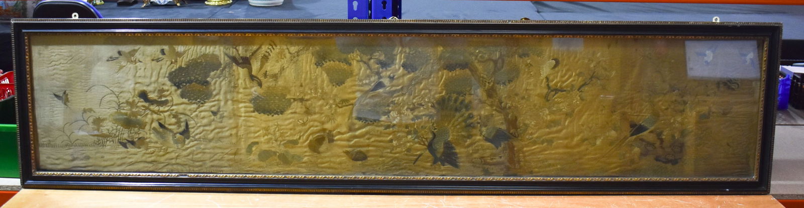 A LARGE 19TH CENTURY CHINESE SILK EMBROIDERED BIRDS OF PARADISE PANEL Qing. 183 cm x 38 cm.: A LARGE 19TH CENTURY CHINESE SILK EMBROIDERED BIRDS OF PARADISE PANEL Qing. 183 cm x 38 cm.