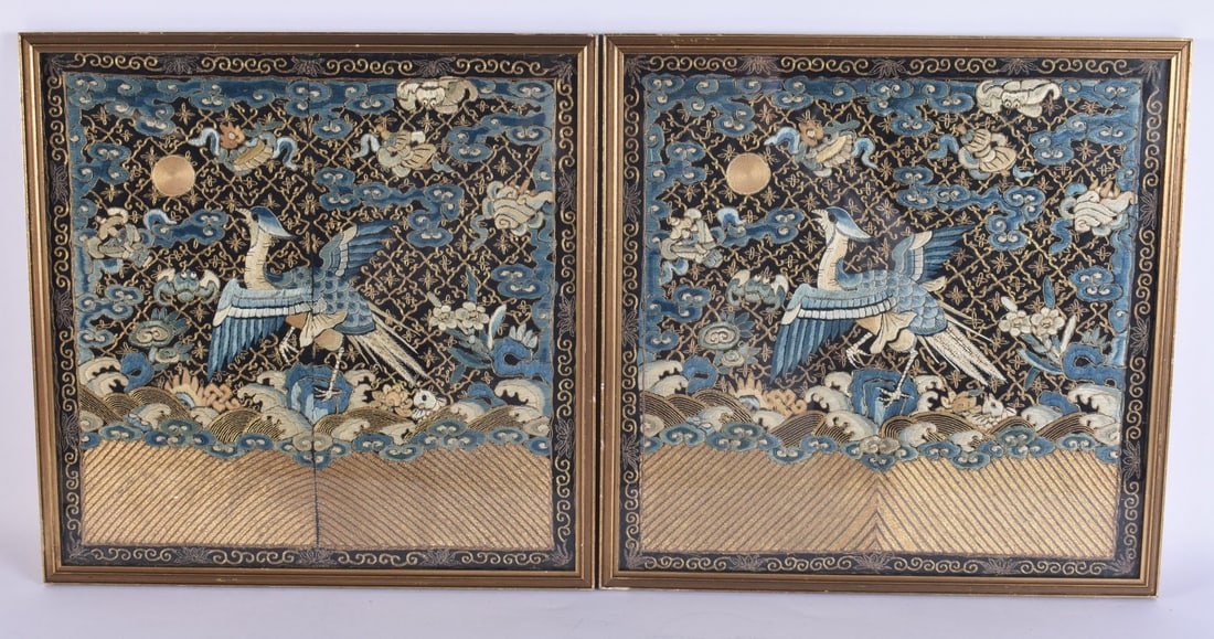 A PAIR OF CHINESE SILK EMBROIDERED RANK BADGES. 32 cm square.: A PAIR OF CHINESE SILK EMBROIDERED RANK BADGES. 32 cm square.