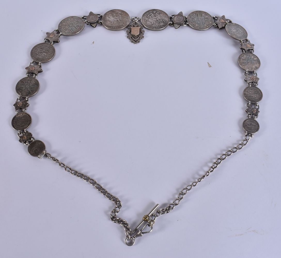 A LOVELY VICTORIAN SILVER WATCH CHAIN COIN NECKLACE. 255 grams. 90 cm long. (1 of 6)