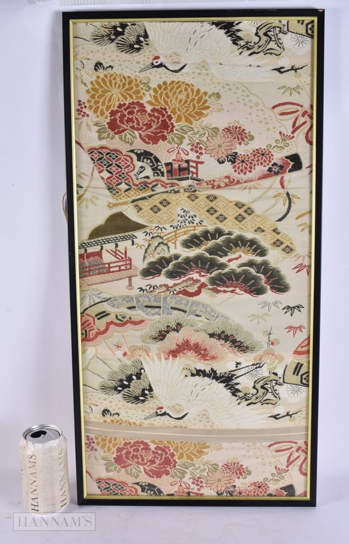 A JAPANESE TAISHO PERIOD FRAMED EMBROIDERED TEXTILE. 66 cm x 34 cm.: A JAPANESE TAISHO PERIOD FRAMED EMBROIDERED TEXTILE. 66 cm x 34 cm.