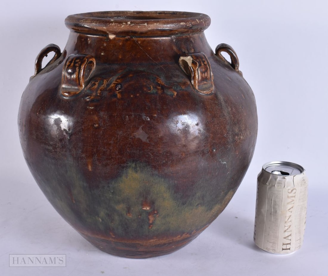 A LARGE CHINESE QING DYNASTY BROWN GLAZED POTTERY VESSEL. 32 cm x 24 cm. (1 of 4)