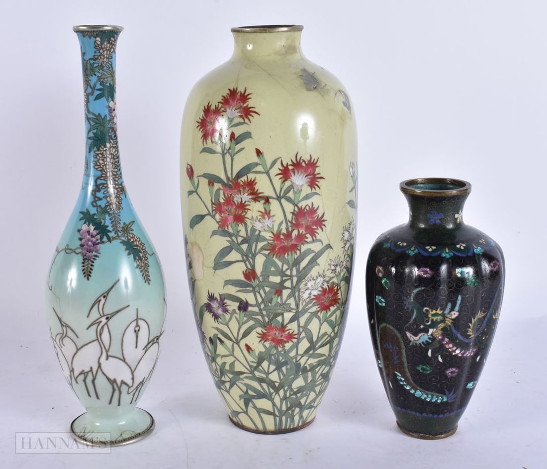 THREE LATE 19TH CENTURY JAPANESE MEIJI PERIOD CLOISONNE ENAMEL VASES. Largest 25.5 cm high. (3) (1 of 5)