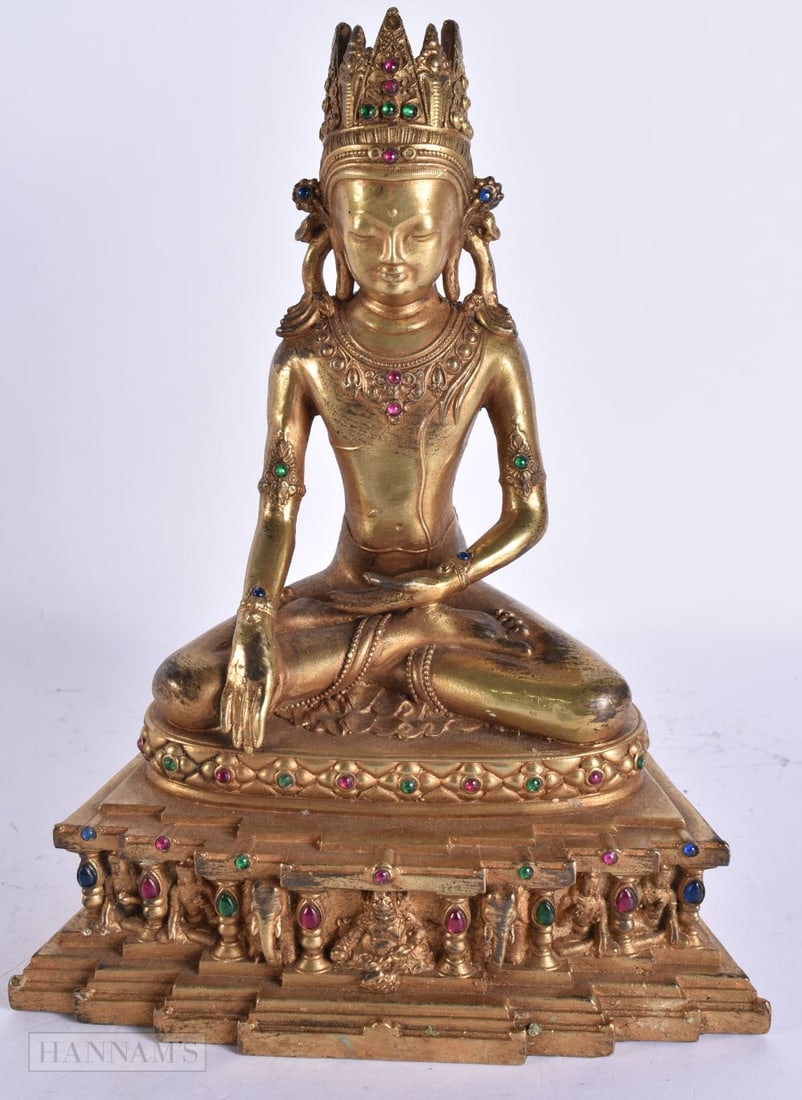 A CHINESE TIBETAN JEWELLED BRONZE BUDDHA. 23 cm high. (1 of 6)
