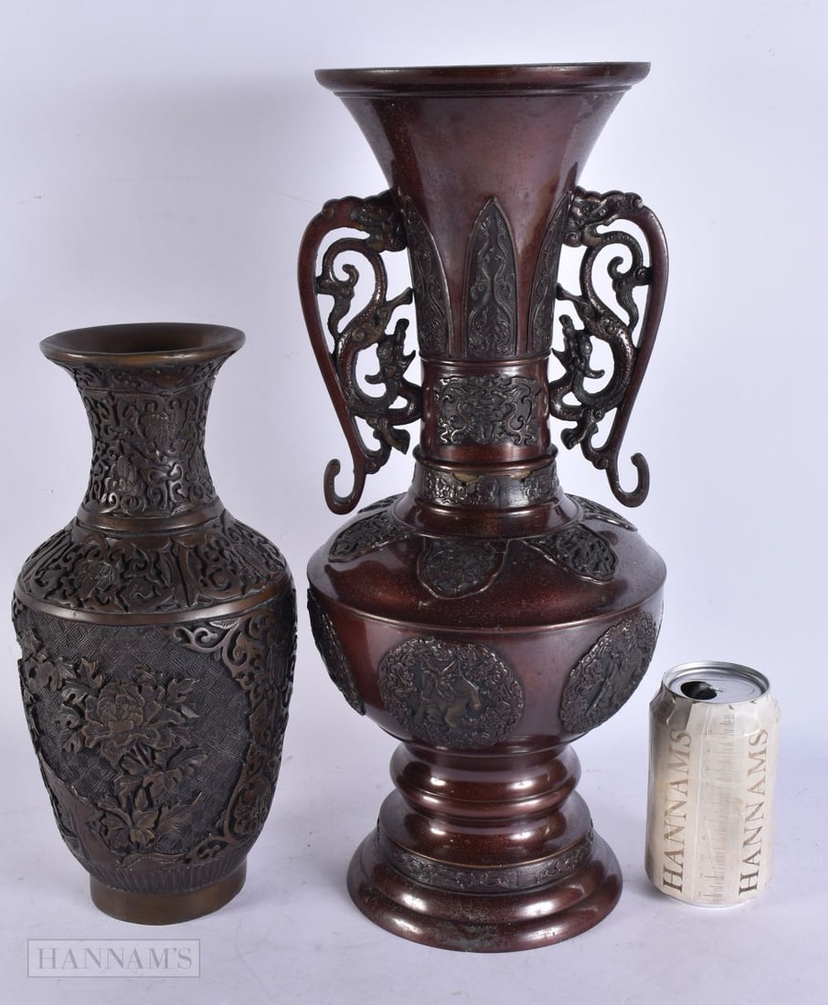 A LARGE 19TH CENTURY JAPANESE MEIJI PERIOD TWIN HANDLED BRONZE VASE together with a Chinese bronze v (1 of 7)