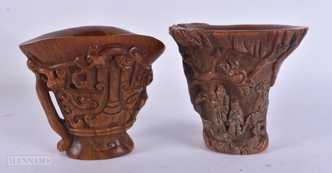 TWO CHINESE BUFFALO HORN TYPE LIBATION CUPS. 14cm high. (2) (1 of 6)
