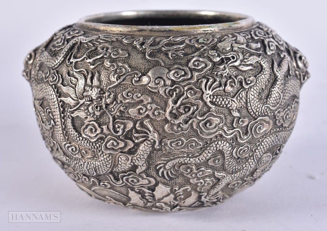 A CHINESE SILVERED BRONZE DRAGON CENSER. 10 cm wide. (1 of 5)
