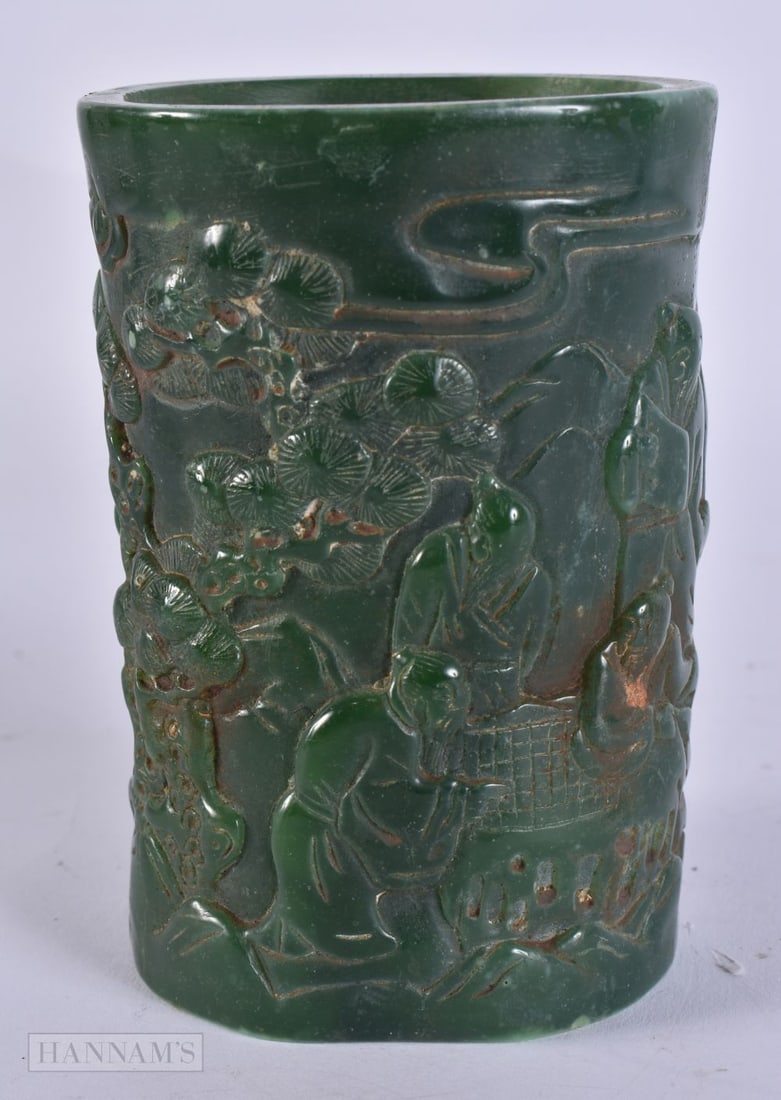 A CHINESE JADE TYPE BRUSH POT. 12.5 cm high. (1 of 6)