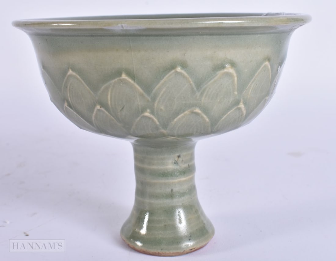 A CHINESE CELADON GLAZED STEM CUP. 14.5 cm wide. (1 of 4)