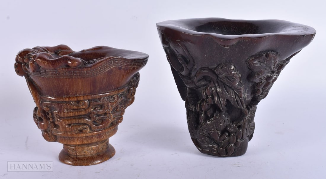 TWO CHINESE HORN TYPE LIBATION CUPS. 18 cm x 16 cm. (2) (1 of 6)